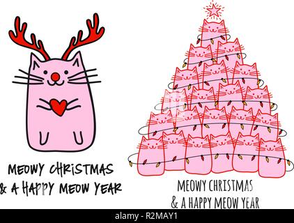 Christmas cat tree, red nosed Rudolph cat for Christmas card, vector design elements Stock Vector