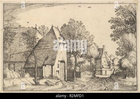 Village Road from Regiunculae et Villae Aliquot Ducatus Brabantiae. Artist: Claes Jansz. Visscher (Dutch, Amsterdam 1586-1652 Amsterdam); After The Master of the Small Landscapes (Netherlandish, 16th century). Dimensions: Plate: 4 1/8 x 6 1/4 in. (10.5 x 15.9 cm)  Sheet: 5 1/16 x 7 3/16 in. (12.9 x 18.3 cm). Publisher: Claes Jansz. Visscher (Dutch, Amsterdam 1586-1652 Amsterdam). Date: ca. 1610. Museum: Metropolitan Museum of Art, New York, USA. Author: Claes Jansz. Visscher. After The Master of the Small Landscapes. Claes Jansz Visscher after Johannes van Doetechum, the Elder after Lucas van  Stock Photo