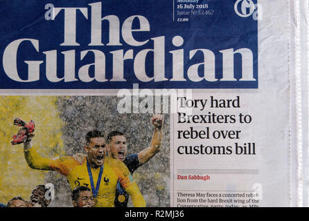 Guardian newspaper headline front page 'Tory hard Brexiters to rebel over customs bill'   London England UK   16 July  2018 Stock Photo