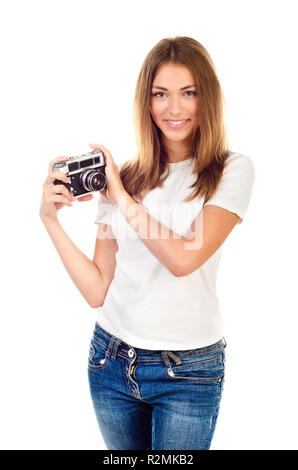 young girl with old camera isolated on a white background Stock Photo