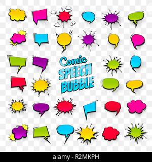 Big set hand drawn colored blank effects template comic speech bubbles halftone dot vector background in pop art style. Dialog empty cloud, space for  Stock Vector