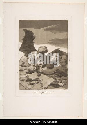 Plate 51 from 'Los Caprichos': They spruce themselves up (Se repulen.). Artist: Goya (Francisco de Goya y Lucientes) (Spanish, Fuendetodos 1746-1828 Bordeaux). Dimensions: Plate: 8 1/4 x 5 13/16 in. (20.9 x 14.7 cm)  Sheet: 11 9/16 x 8 1/4 in. (29.4 x 20.9 cm). Series/Portfolio: Los Caprichos. Date: 1799. Museum: Metropolitan Museum of Art, New York, USA. Stock Photo