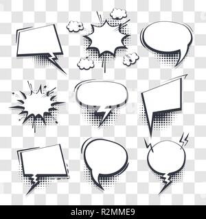 Big set hand drawn blank effects template comic speech bubbles halftone dot vector transparent background in pop art style. Dialog empty cloud, space  Stock Vector