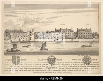 Durham House, Salisbury House and Worcester House on the Thames. Artist: After Wenceslaus Hollar (Bohemian, Prague 1607-1677 London). Dimensions: sheet: 6 3/4 x 9 1/4 in. (17.1 x 23.5 cm)  cut outside the image and text but within the platemark.. Series/Portfolio: Londina Illustrata. Date: 1808.  Copy after a drawing by Hollar. View from the River Thames, with Durham House on the left, Salisbury House in the centre and Worcester House on the right; reflections on the water and some small boats; the view as it was around 1630. Museum: Metropolitan Museum of Art, New York, USA. Author: after Wen Stock Photo