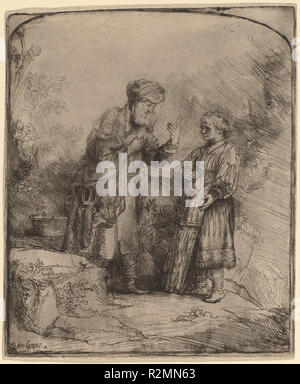Abraham and Isaac. Dated: 1645. Dimensions: sheet (trimmed to plate mark): 16.1 x 13.3 cm (6 5/16 x 5 1/4 in.). Medium: etching and burin. Museum: National Gallery of Art, Washington DC. Author: REMBRANDT, HARMENSZOON VAN RIJN. REMBRANDT HARMENSZOON VAN RIJN. Stock Photo