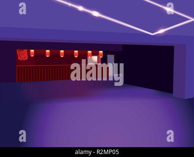 Purple vector background with perspective. Abstract club interior with floor, ceiling, red bar and lamps on it. Trendy background with neon lights for Stock Vector
