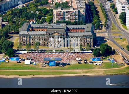 Football World Cup 2010, Public Viewing on the banks of Elbe in Dresden, Museum of Saxon Folk Art, Saxon State Ministry of Finance, Film nights on the banks of Elbe, aerial view, Saxony State Parliament, Public Viewing at Elbe, Albertstraße, Dresden, Saxony, Germany, Europe, Stock Photo