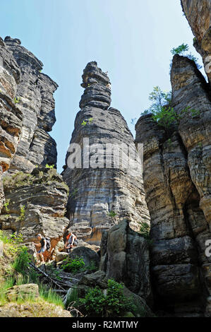 The romantic Bielatal with the bizarrely towering climbing rock small and big Hercules' Pillars is one of the most popular hiking destinations in the Saxon Switzerland. Stock Photo