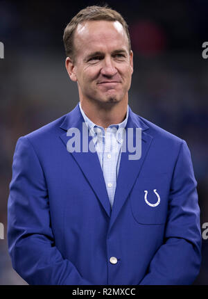 Indianapolis, Indiana, USA. 18th Nov, 2018. Former Indianapolis Colts player Peyton Manning during NFL football game action between the Tennessee Titans and the Indianapolis Colts at Lucas Oil Stadium in Indianapolis, Indiana. Indianapolis defeated Tennessee 38-10. John Mersits/CSM/Alamy Live News Stock Photo