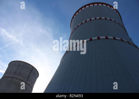 FILED - 10 October 2018, Belarus, Ostrowez: Two cooling towers of the Ostrowez nuclear power plant. Only a few kilometres from the border with Lithuania, and thus from the EU, the first Belarusian nuclear power plant is scheduled to go into operation in 2019. Photo: Claudia Thaler/dpa Stock Photo