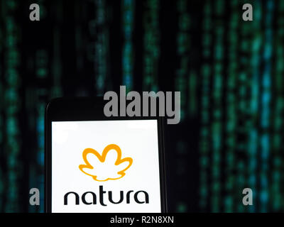 Natura & Co Manufacturing company logo seen displayed on a smart phone.  Natura & Co or simply Natura is a Brazilian manufacturer and marketer of  beauty products, household, and personal care, skin