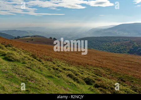 View over Abergavenny from Sugar Loaf with Blorenge (561M) on right horizon  Monmouthshire, Wales Stock Photo