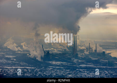 Aerial view, Emmission, Cloud, Haze, Pollution, Duisburg, ThyssenKrupp Steel AG, Industry, Rhine, Duisburg, North Rhine-Westphalia, Germany, Europe, Stock Photo