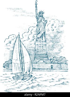 Sailboat in the sea on a background of the Statue of Liberty in New York, summer adventure, active vacation. Seagoing vessel, marine ship or nautical caravel. engraved hand drawn in vintage style. Stock Vector