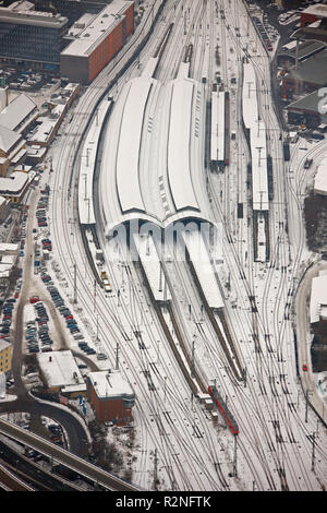 Aerial view, railway tracks in the snow, central station, snow, Hengstey, Hagen, North Rhine-Westphalia, Germany, Europe, Stock Photo