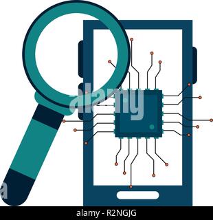 Smartphone with microchip and magnifying glass vector illustration graphic design Stock Vector