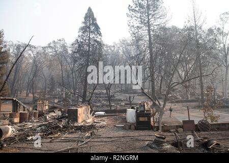 Fire damage to the homes destroyed in the Camp Fire November 17, 2018 in Paradise, California. Stock Photo