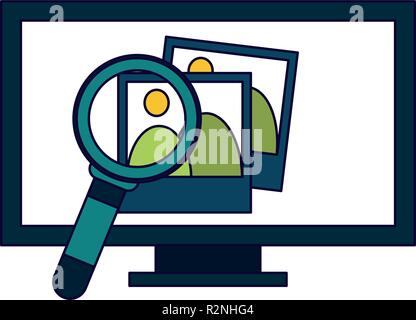 computer with photos and magnifying glass vector illustration graphic design Stock Vector
