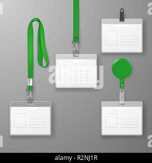Vector Realistic Blank Office Graphic Id Card Set with Green Clasp, Holder Cllip and Lanyard Set Closeup Isolated. Design Template of Identification Card for Mockup. Identity Card Mock-up in Top view Stock Vector