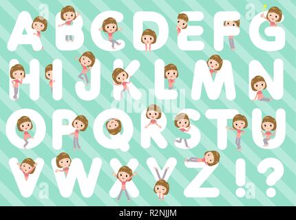 A set of women in sportswear designed with alphabet.Characters with fun expressions pose various poses.It's vector art so it's easy to edit. Stock Vector