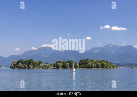 View over the Chiemsee on Fraueninsel and Chiemgau Alps, Chiemgau, Upper Bavaria, Bavaria, southern Germany, Germany, Europe Stock Photo