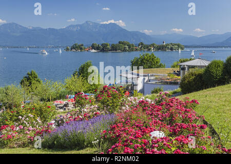 View from Gstadt to the Chiemsee with Fraueninsel and Chiemgau Alps, Chiemgau, Upper Bavaria, Bavaria, southern Germany, Germany, Europe Stock Photo