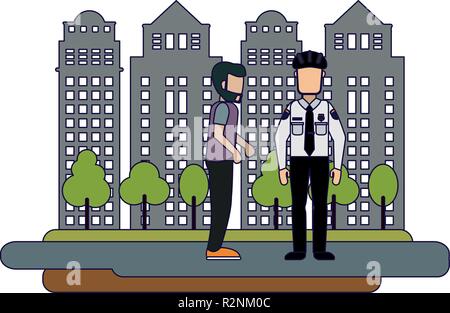 Man and police officer at city scenery vector illustration graphic design Stock Vector