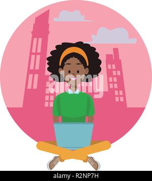 Woman seated on floor with laptop at city round icon vector illustration graphic design Stock Vector