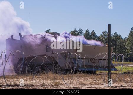 U.S. Soldiers assigned to the South Carolina Army National Guard's 4th Battalion, 118th Infantry Regiment, 218th Maneuver Enhancement Brigade and 174th Engineer Company conduct combined arms breaching exercises at McCrady Training Center in Eastover, South Carolina, Nov. 3, 2018.  The infantry companies practiced attacking an objective using support from the 174th engineer mobility assault platoons for obstacle reduction, destruction and short-gap crossings. The combined forces breached wired obstacles using simulated M58 Mine Clearing Line Charge (MICLIC) rockets, cleared minefields with an M Stock Photo