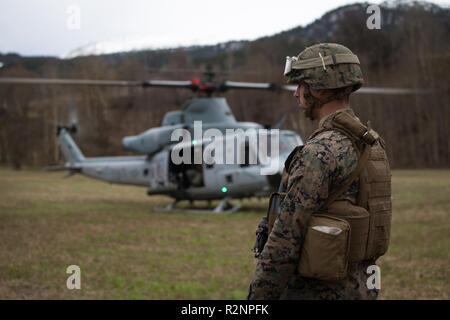 U.S. Marine Corps Pfc. Nicholas Wirkkala with Landing Support Company, Combat Logistics Battalion 2 (CLB 2), surveys a landing zone in Voll, Norway, Oct. 31, 2018. The Marines of CLB 2 provided landing support to Marine Light Attack Helicopter Squadron (HMLA) 269 prior to an aerial survey with Maj. Gen. David J. Furness, the commanding general of 2nd Marine Division, during Exercise Trident Juncture 18. The exercise enhances the U.S. and NATO Allies’ and partners’ abilities to work together collectively to conduct military operations under challenging conditions. Stock Photo