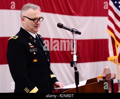 Oregon Army National Guard Brig. Gregory T. Day speaks to an audience of family, friends, coworkers and military members during his promotion ceremony, Nov. 4, 2018, at the Anderson Readiness Center in Salem, Oregon. Day is assigned as the commander of Joint Domestic Operations Command where he oversees joint military domestic response in support of civilian partner agencies to save lives and protect property during natural or man-made emergencies. ( Stock Photo