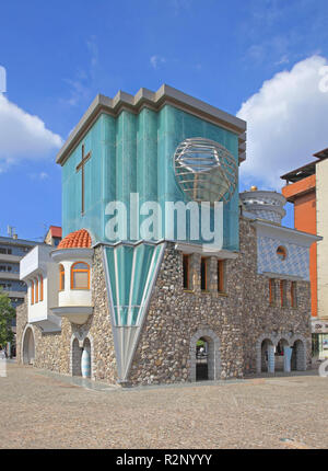 SKOPJE, MACEDONIA - SEPTEMBER 17: Memorial House of Mother Theresa in Skopje on SEPTEMBER 17, 2012. Rear view of Mother Theresa Museum Humanitarian Wo Stock Photo