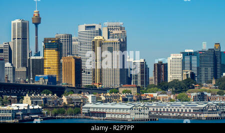 Skyline of Sydney CBD  and Walsh Bay Wharf precinct, Sydney NSW Australia Stock Photo