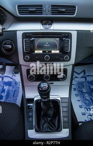 BELGRADE, SERBIA, OCTOBER 14. 2018 : Passat B7 blue motion interior manual 6 speed gearstick and middle screen Stock Photo