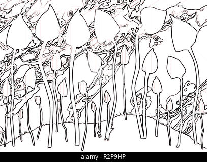A group of mushrooms silhouetted in white against a jazz line drawing background Stock Photo