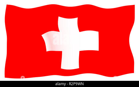 The flag of Switzerland in white and red fluttering in the wind Stock Photo
