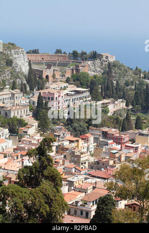 Town view, old town with Teatro Antico Greco, Taormina, Province of Messina, Sicily, Italy, Europe Stock Photo