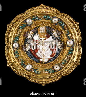 Morse with the Trinity. Dated: c. 1400/1410 (Trinity and Angels); 1884/1897 (setting). Dimensions: Overall (diameter): 12.6 cm (4 15/16 in.)  overall (God the Father, height): 5.9 cm (2 5/16 in.)  overall (Christ, height): 3.2 cm (1 1/4 in.)  overall (each angel, height): 0.7 cm (1/4 in.). Medium: gold, enamel, and pearls. Museum: National Gallery of Art, Washington DC. Author: French 15th Century (setting western European late 19th Century). Stock Photo