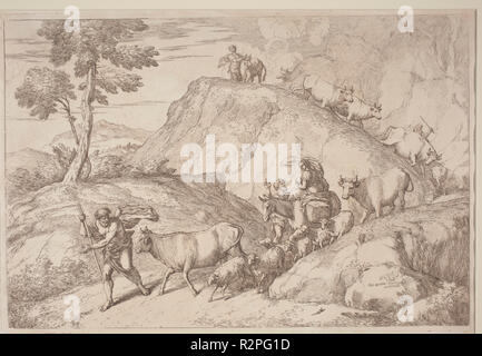 An Elderly Shepherd Leading the Flock. Dated: 1758/1759. Medium: etching in sanguine on laid paper. Museum: National Gallery of Art, Washington DC. Author: Gaetano Zompini, after Giovanni Benedetto Castiglione. Stock Photo