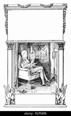 Engraved frontispiece for a vintage book, featuring a man reading in his study, and two cherubs. Copyspace for title, author and publisher. Stock Photo