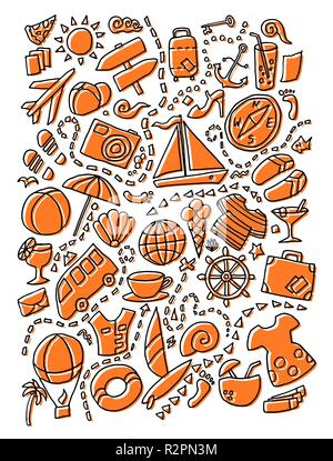 Colored doodle cartoon set of travel planning theme items, objects and symbols Stock Vector