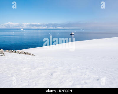 Panoramic view from Spigot Peak to Gerlache Strait with small cruise ship, Graham Land, Antarctic Peninsula, Antarctica Stock Photo