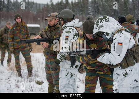 Belgian and German soldiers of the Very High Readiness Joint Task Force train their weapons proficiency in Norway during Exercise Trident Juncture. During Exercise Trident Juncture 2018 in Norway they are certified for this task. Some 50.000 troops, 10.000 vehicles, 250 aircraft and 65 ships from 30 NATO Nations take part. Stock Photo