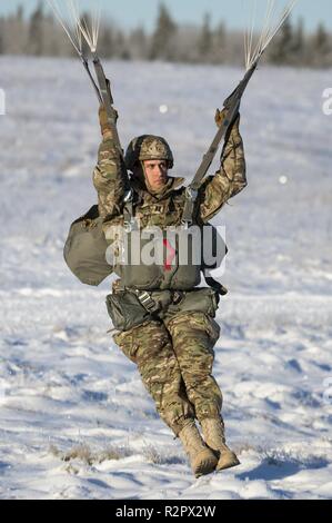 Army Capt. Jordan Robinson, assigned to the 6th Brigade Engineer Brigade Engineer Battalion, 4th Infantry Brigade Combat Team (Airborne), 25th Infantry Division, U.S. Army Alaska, descends over Malemute Drop Zone during airborne jump training at Joint Base Elmendorf-Richardson, Alaska, Nov. 1, 2018. The Soldiers of 4/25 belong to the only American airborne brigade in the Pacific and are trained to execute airborne maneuvers in extreme cold weather and high altitude environments in support of combat, partnership and disaster relief operations. Army aviators from B Company, 1st Battalion, 52nd A Stock Photo