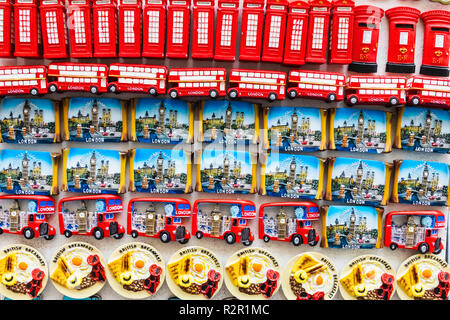 England, London, Shoreditch, Brick Lane, Souvenir Stall Display of London Themed Fridge Magnets Stock Photo
