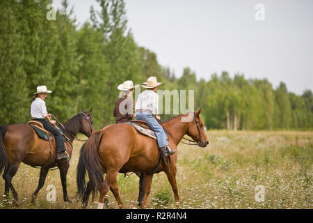 Family horse trekking through meadow Stock Photo