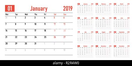 Calendar planner 2019 template vector illustration all 12 months week starts on Monday and indicate weekends on Saturday and Sunday Stock Vector