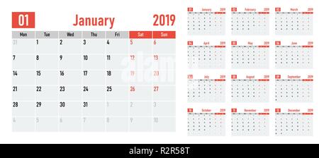 Calendar planner 2019 template vector illustration all 12 months week starts on Monday and indicate weekends on Saturday and Sunday Stock Vector