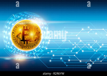 abstract digital global network connection and bitcoin concept on blue background Stock Photo