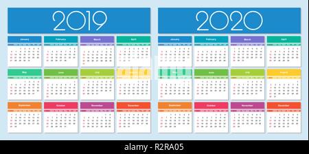 Calendar 2019 and 2020 year. Colorful set. Simple Vector Template Stock Vector